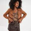 Veste courte esprit biker effet suédine marron clair femme