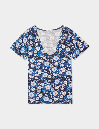 T-shirt manches courtes épaules smockées bleu marine femme