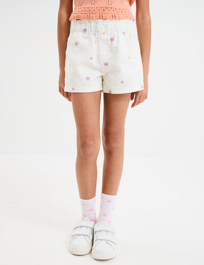 Short brodé taille élastiquée coton ecru fille