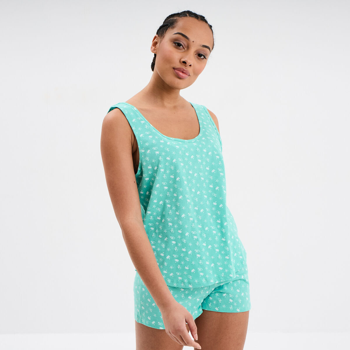 Ensemble pyjama short et débardeur coton vert turquoise femme