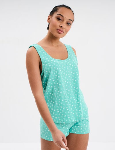 Ensemble pyjama short et débardeur coton vert turquoise femme