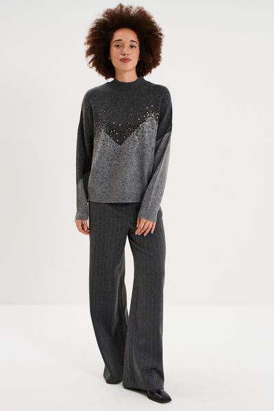 Pull col montant &agrave; sequins oversize gris fonc&eacute; femme