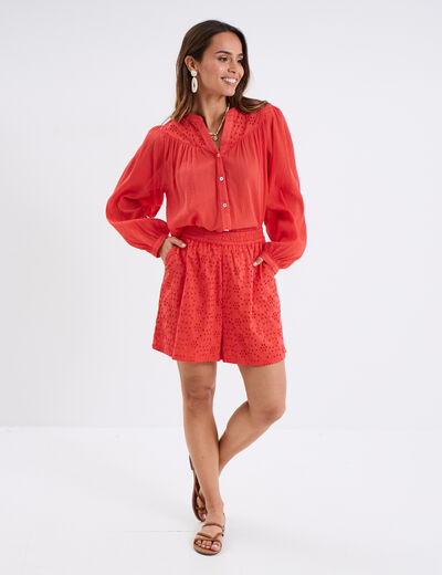 Blouse col tunisien broderie anglaise rouge femme