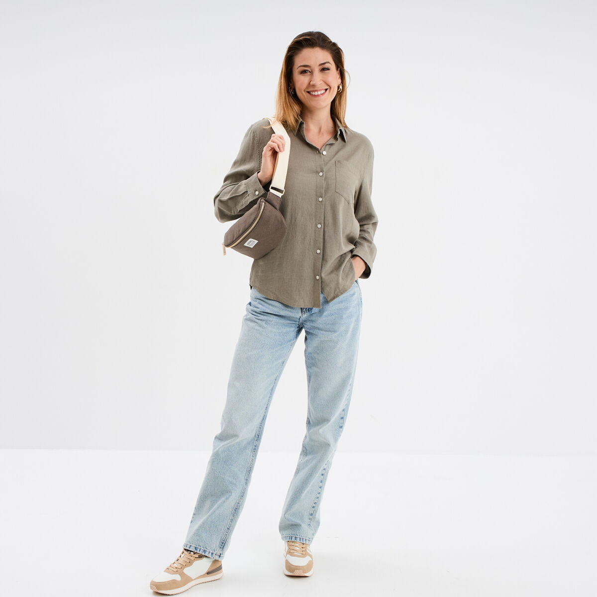 Chemise lin mélangé manches longues vert kaki femme