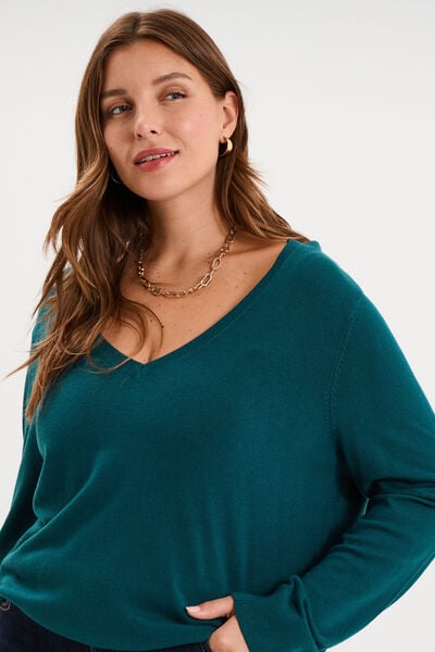 Pull fin col en V manches longues vert fonc&eacute; femme grande taille