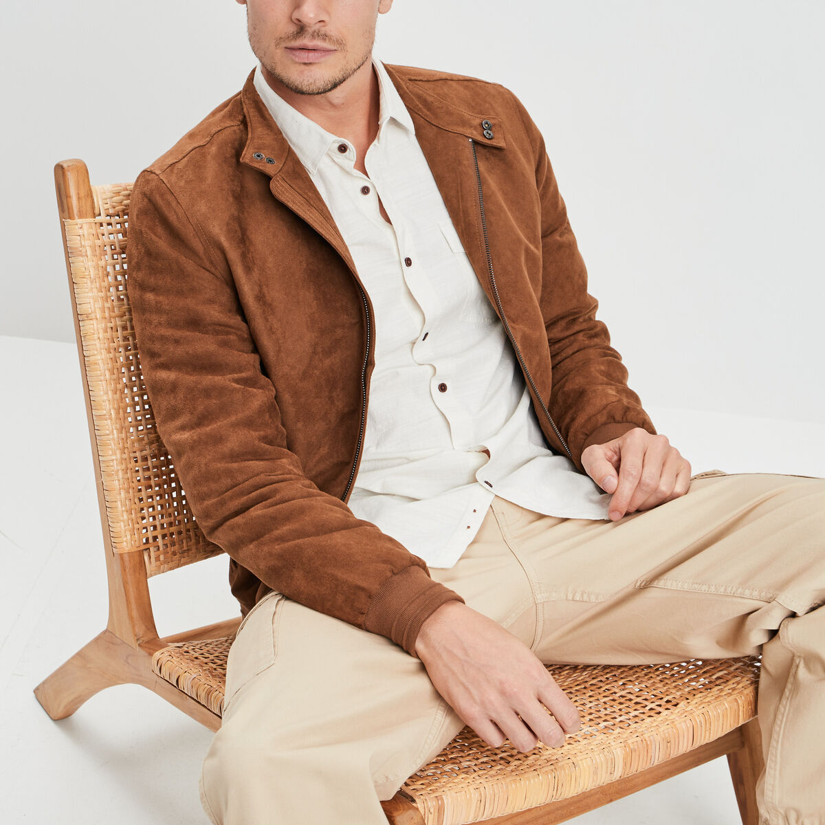 Blouson col motard en su&eacute;dine zipp&eacute; camel homme