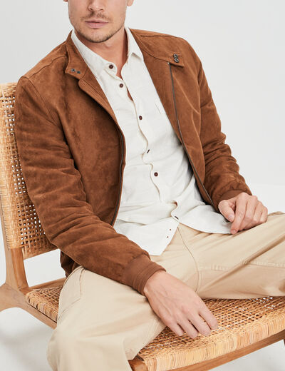 Blouson col motard en su&eacute;dine zipp&eacute; camel homme