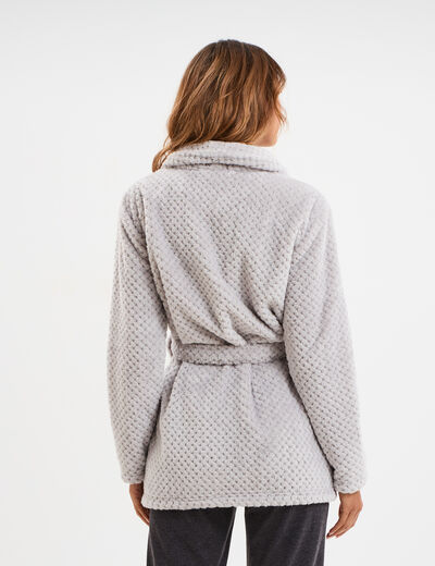Peignoir mi-long effet polaire ceintur&eacute; gris clair femme