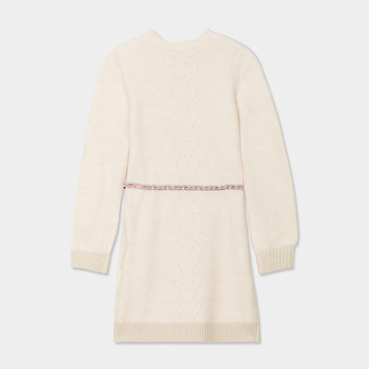 Robe pull courte avec ceinture tress&eacute;e ivoire fille