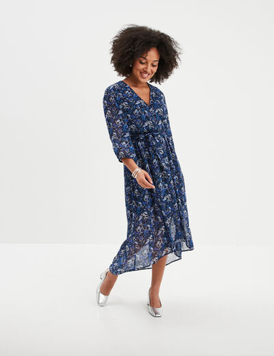Robe midi col cache-coeur fluide bleu femme