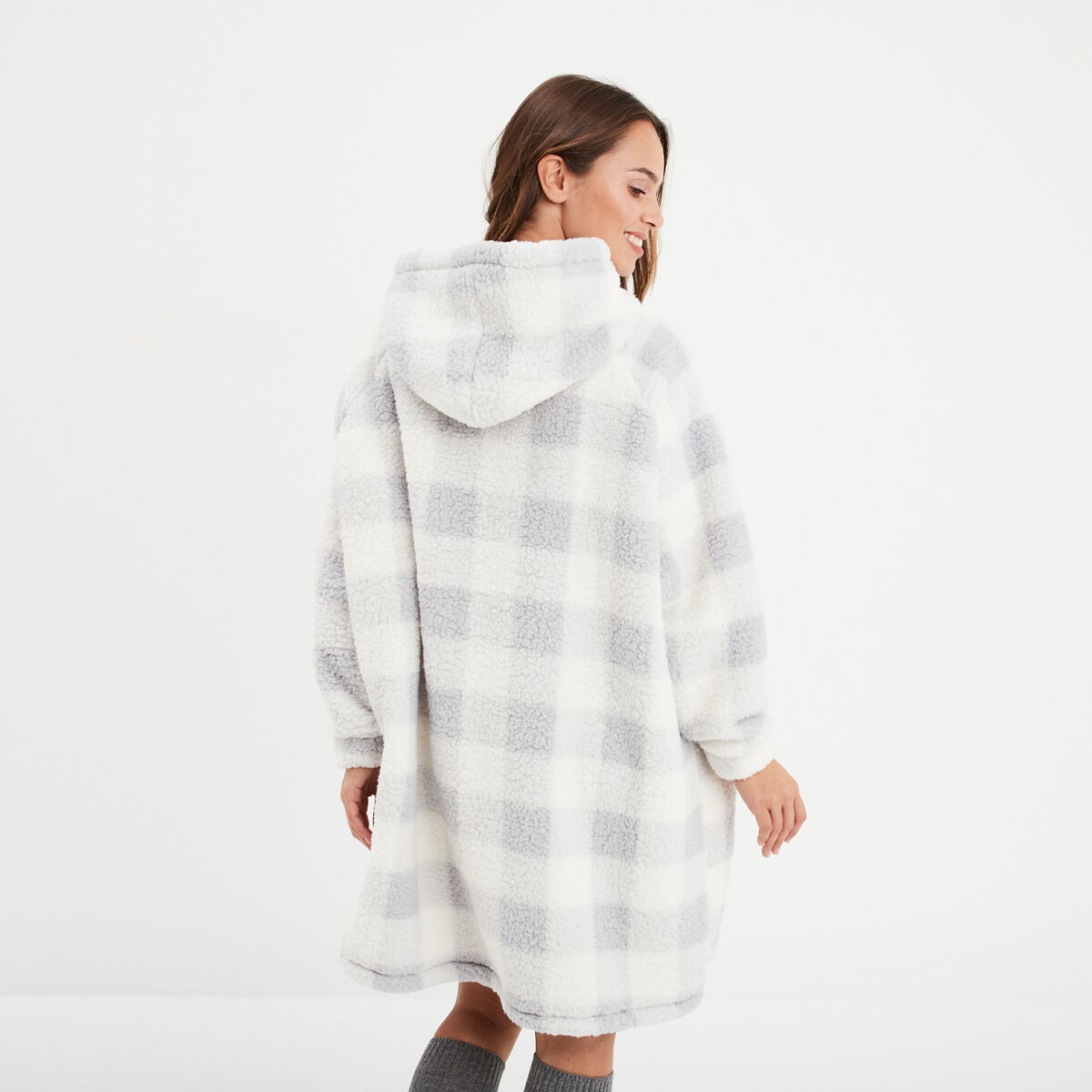 Poncho plaid effet polaire &agrave; capuche ecru femme
