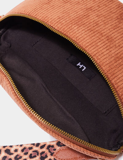 Sac banane aspect velours c&ocirc;tel&eacute; marron cognac femme