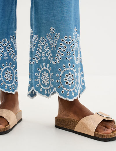 Pantalon avec broderie taille haute denim double stone femme