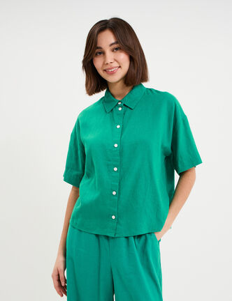 Chemise manches courtes lin m&eacute;lang&eacute; vert canard femme