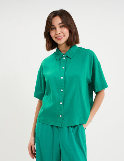 Chemise manches courtes lin m&eacute;lang&eacute; vert canard femme