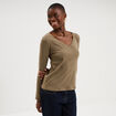 T-shirt col en V manches longues coton vert kaki femme