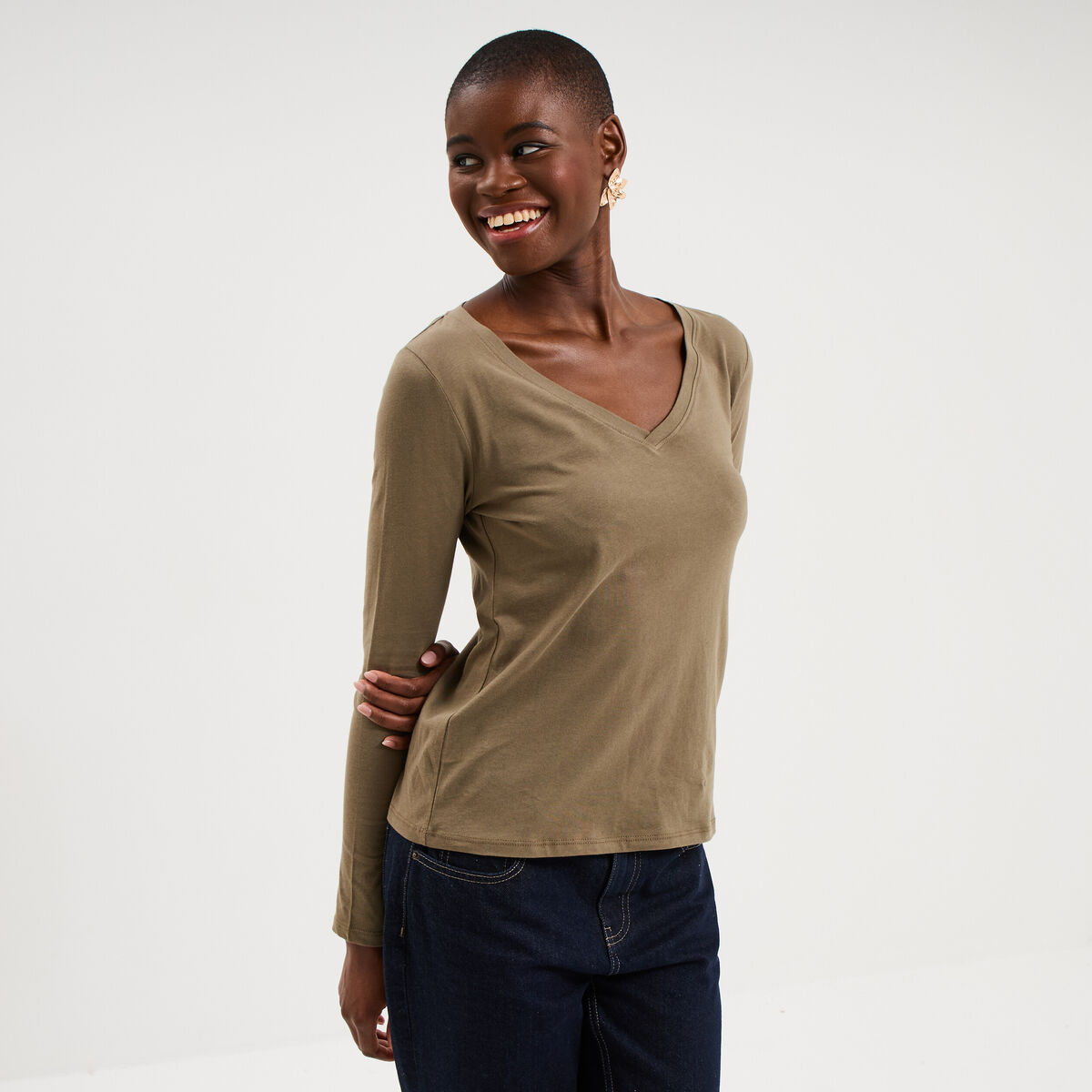 T-shirt col en V manches longues coton vert kaki femme