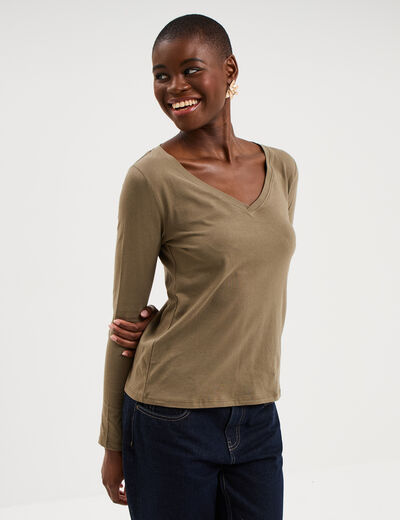 T-shirt col en V manches longues coton vert kaki femme