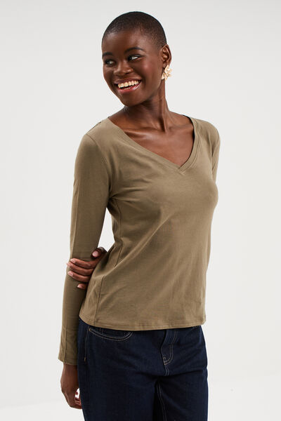 T-shirt col en V manches longues coton vert kaki femme