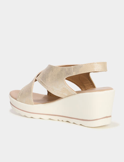Sandales compensées brides croisées jaune or femme
