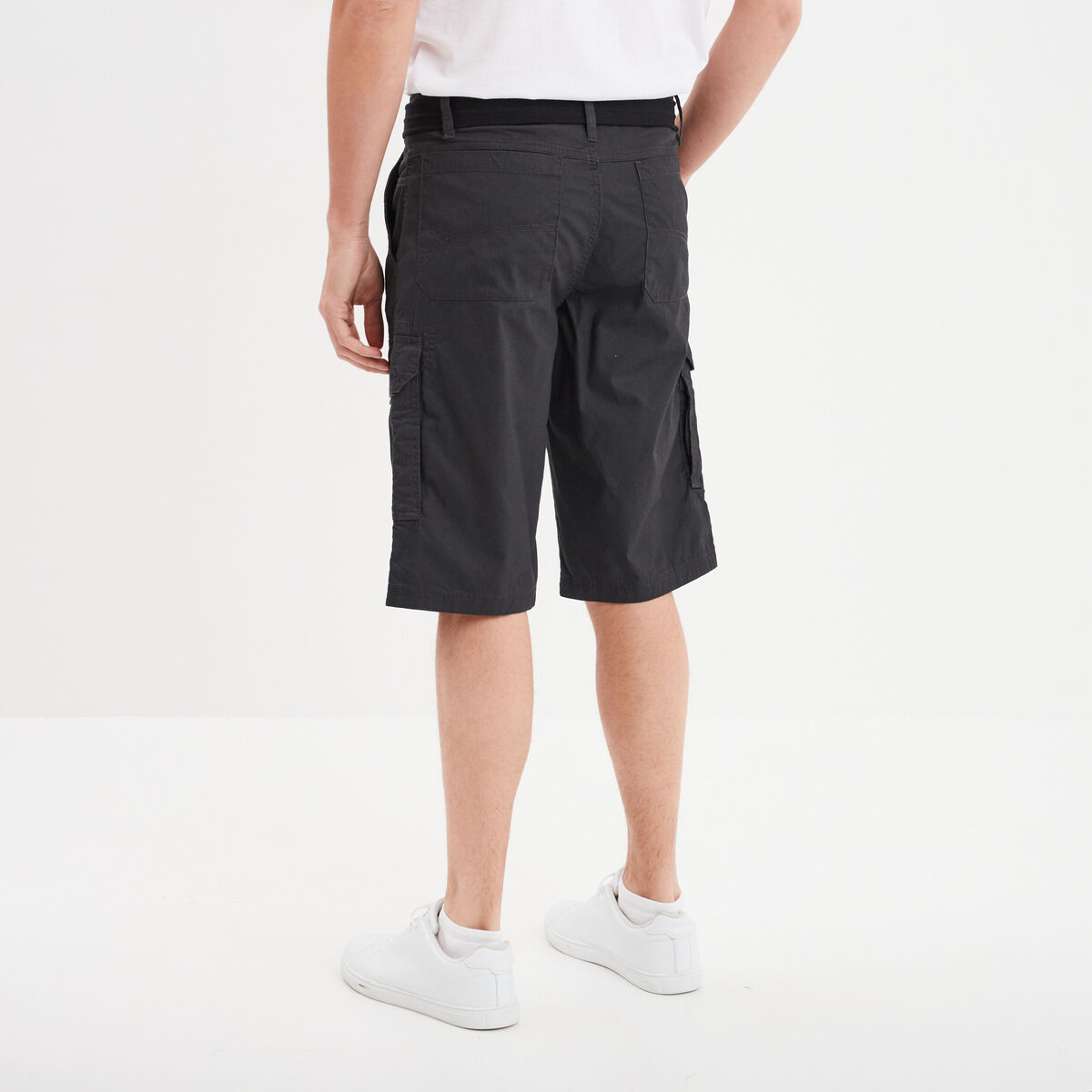 Bermuda cargo c&ocirc;tel&eacute; coton ceintur&eacute; gris fonc&eacute; homme