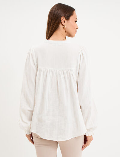 Blouse brod&eacute;e col tunisien coton blanc femme