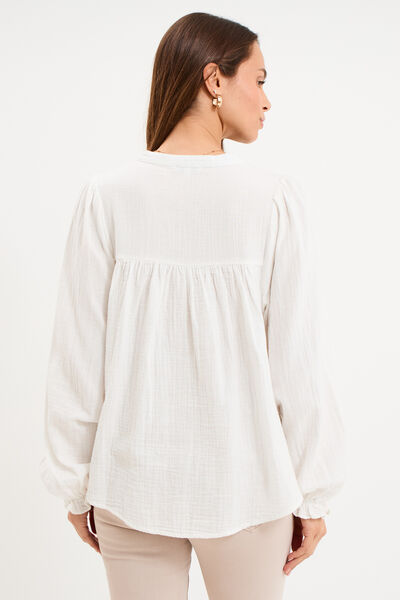 Blouse brod&eacute;e col tunisien coton blanc femme