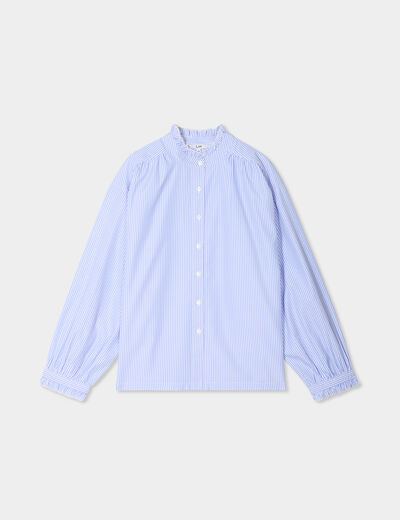Blouse boutonnée col montant bleu ciel femme