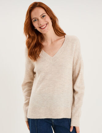 Pull col en V manches longues ecru femme