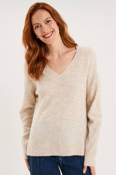 Pull col en V manches longues ecru femme