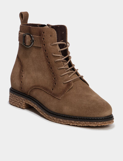 Boots zipp&eacute;es &agrave; lacets en cuir marron femme