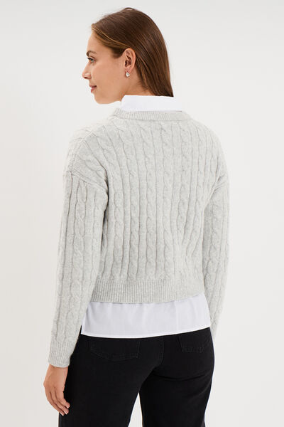 Pull torsades effet 2-en-1 chemise gris clair femme