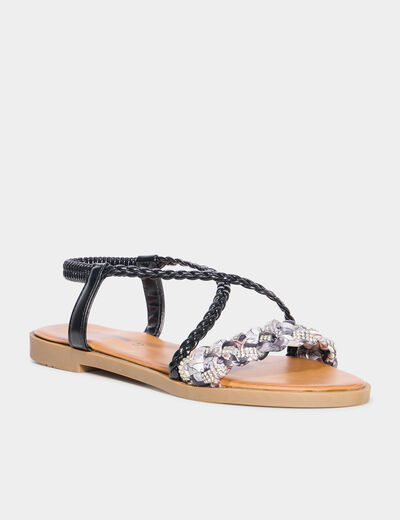 Sandales d&eacute;tails foulard tress&eacute;s noir femme