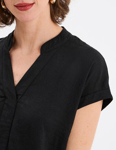 Robe manches courtes lin mélangé noir femme