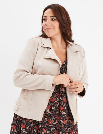 Blouson zippé effet suédine style biker beige femme grande taille