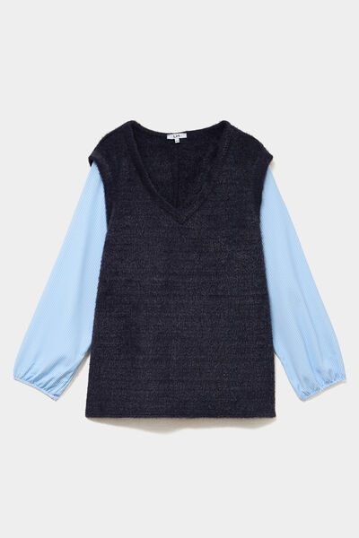 Pull effet 2-en-1 droit manches longues bleu marine femme grande taille