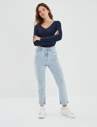 T-shirt manches longues col en V coton bleu marine femme