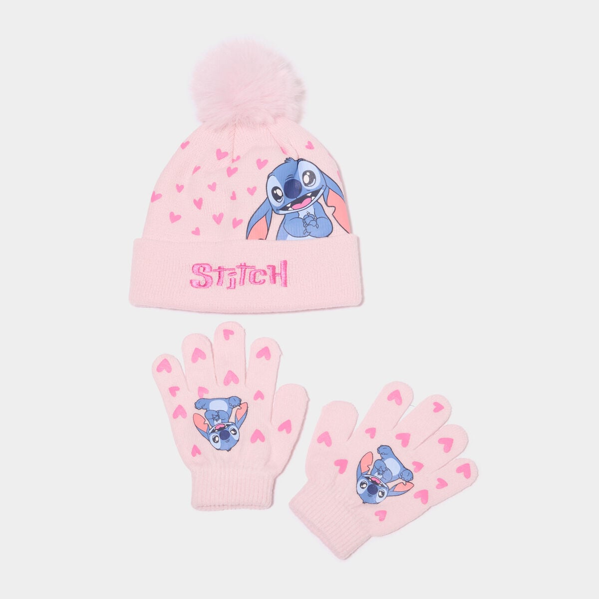 Ensemble bonnet et gants Stitch rose fille