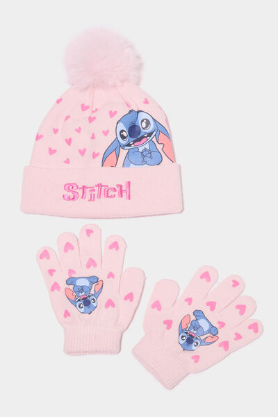 Ensemble bonnet et gants Stitch rose fille