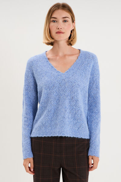 Pull col V ajour&eacute; manches longues bleu ciel femme