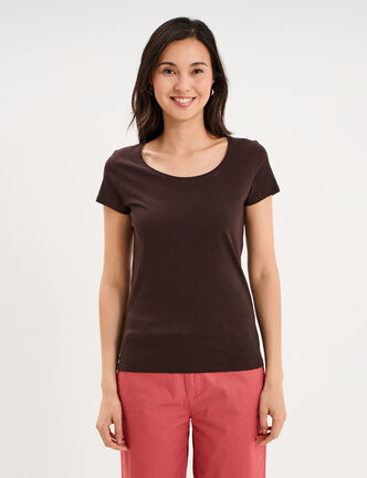 T-shirt coton col rond manches courtes marron fonc&eacute; femme