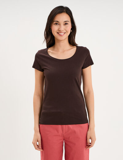 T-shirt coton col rond manches courtes marron fonc&eacute; femme