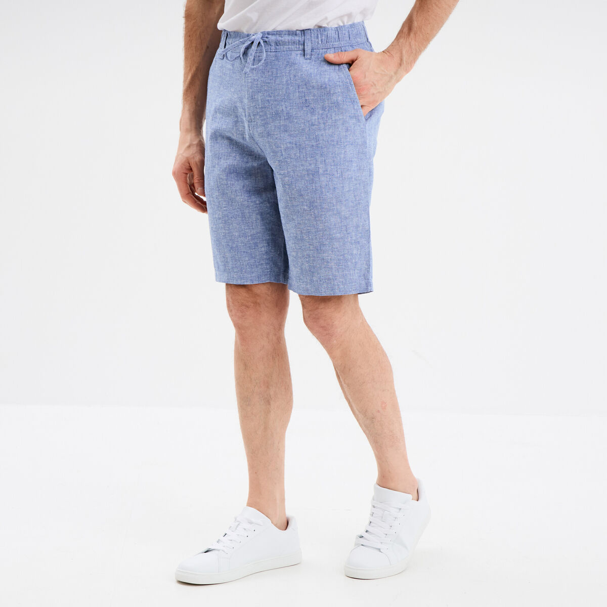 Bermuda chino &agrave; coulisse lin m&eacute;lang&eacute; bleu homme