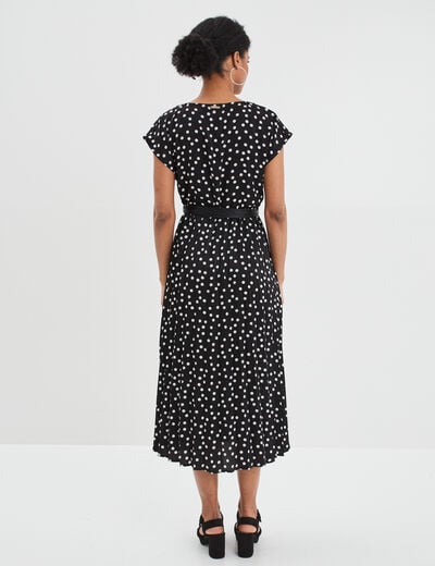 Robe longue évasée plissée et ceinturée noir femme