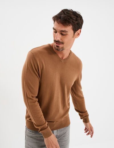 Pull jersey avec col en V marron homme