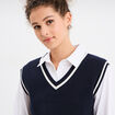 Pull sans manches col en V bleu marine femme