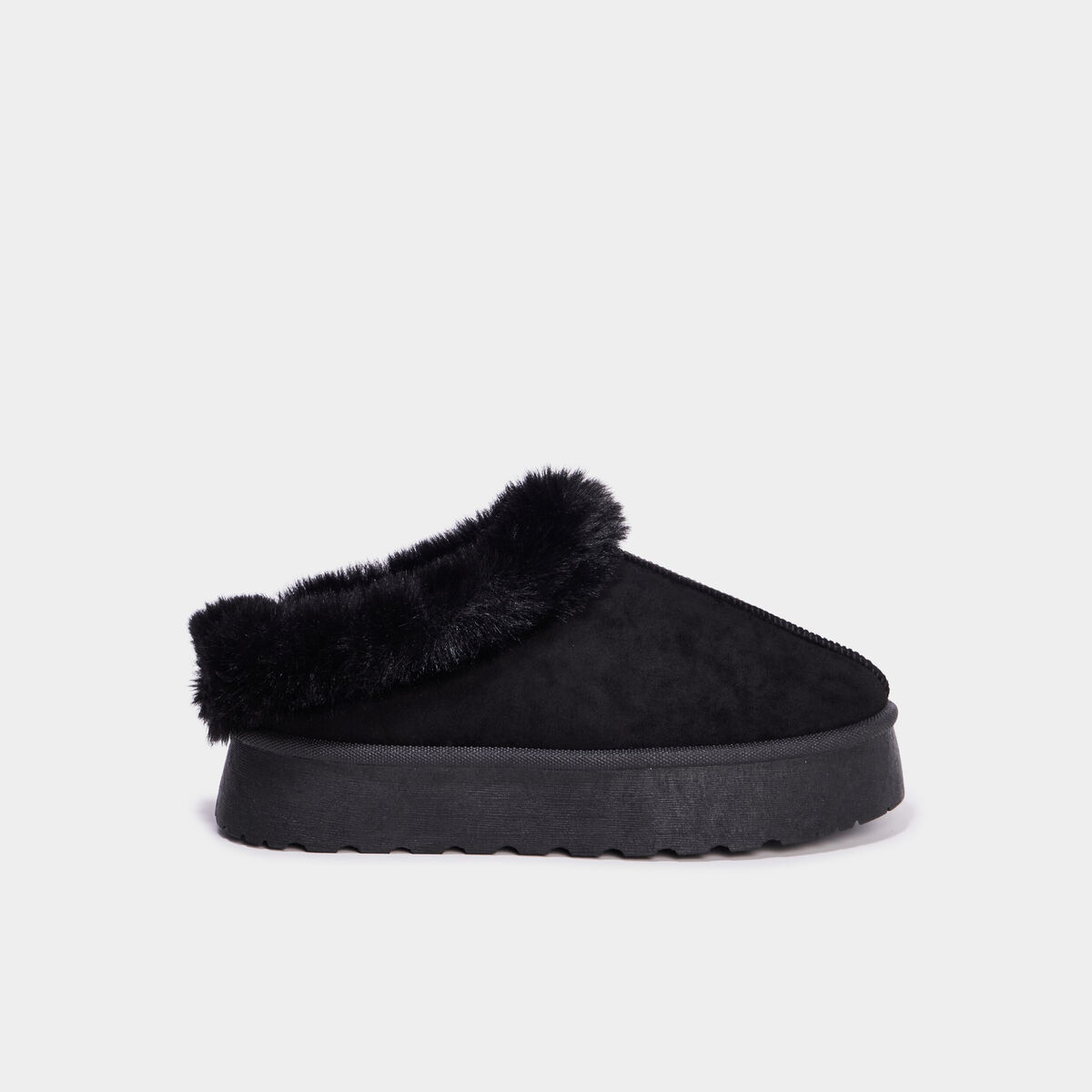 Mules fourr&eacute;es plateforme su&eacute;dine noir femme