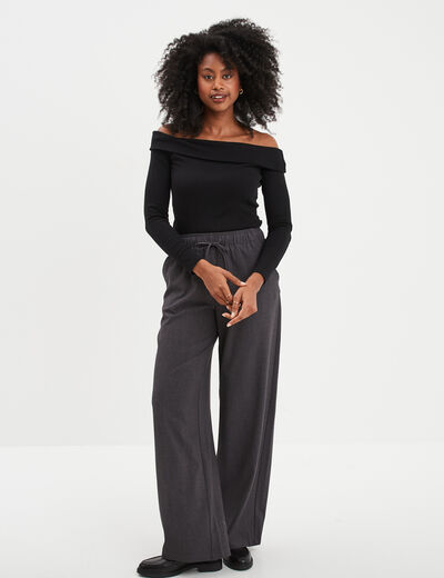 Pantalon crêpe large taille élastiquée gris foncé femme