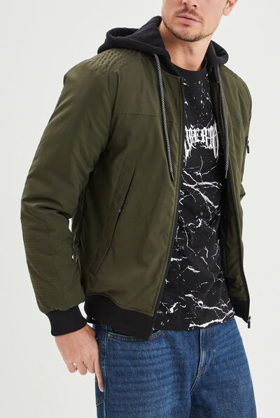 Veste bomber droite à capuche amovible vert kaki garçon