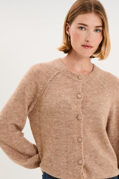 Gilet cardigan col rond boutonn&eacute; beige femme